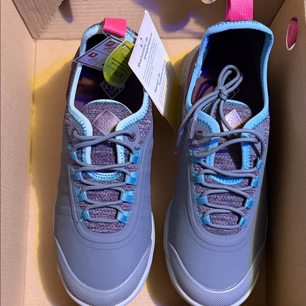 Gray and Blue Athletic Sneakers with Pink Accents